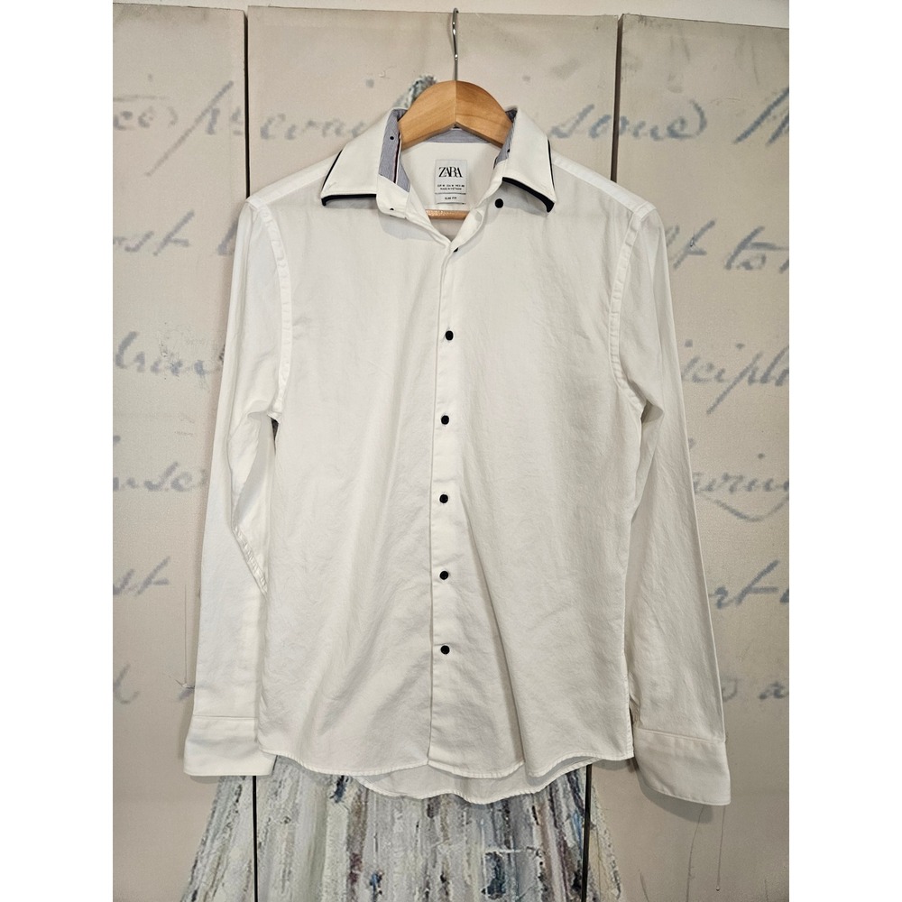 Zara Slim Fit Shirt Medium White Contrast Trim Long Sleeve Button Down Cotton